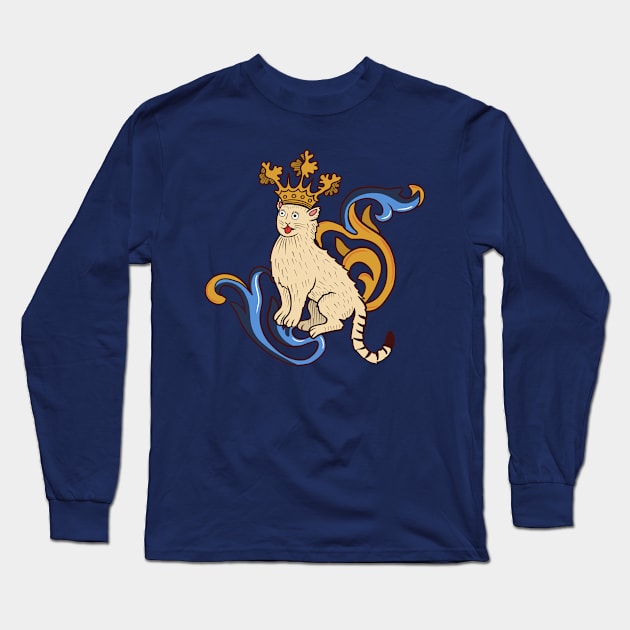 Cute Medieval Cat with crown illustration Long Sleeve T-Shirt by MariOyama